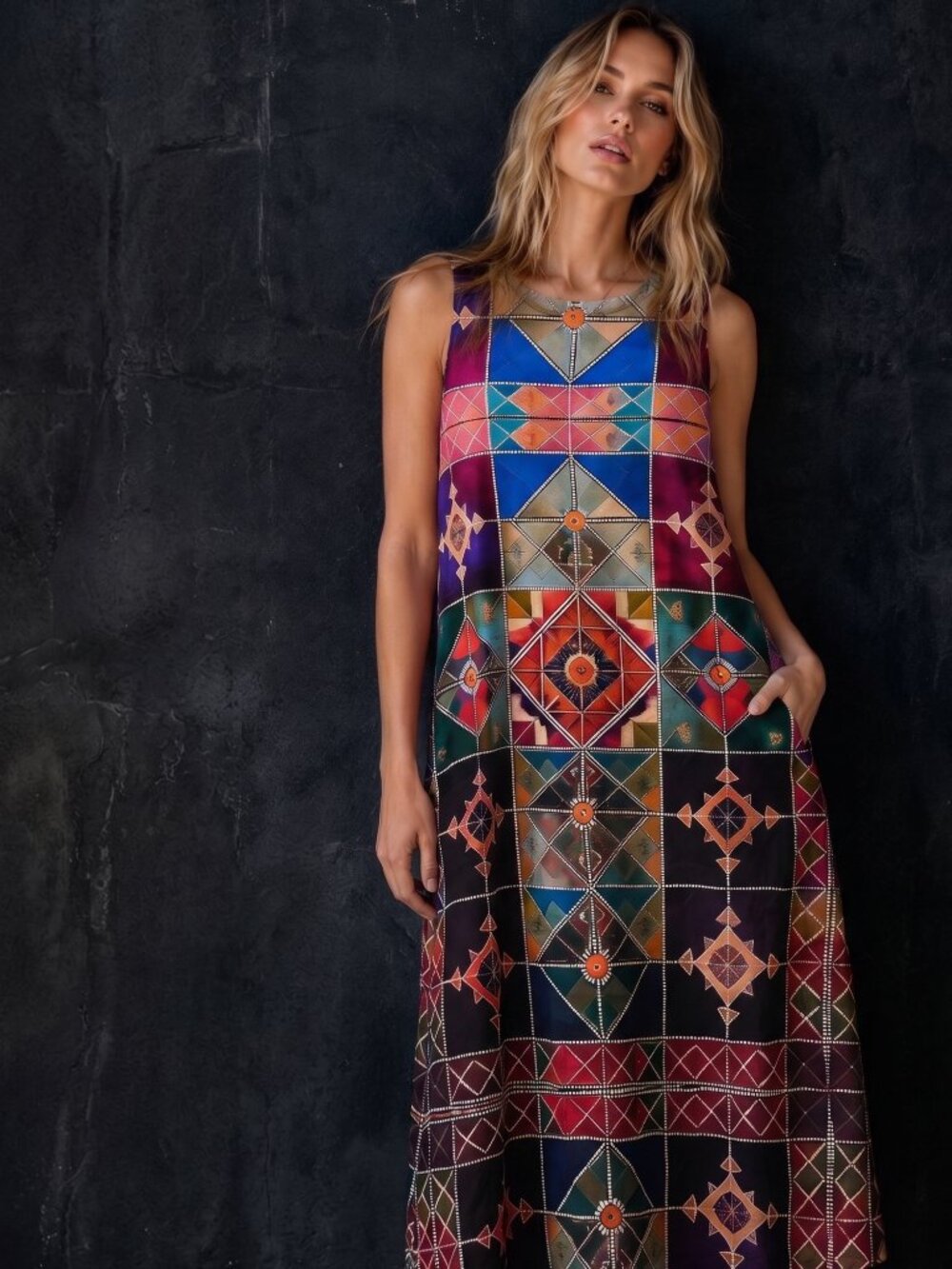 Conceptual Subculture Tribal Patchwork Cotton Slub Size Large Dress Maxi Beach